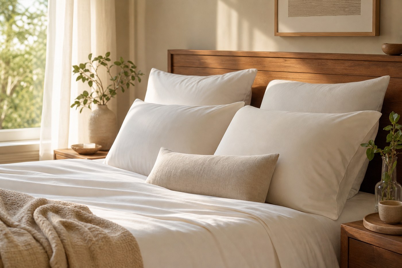 Layered pillows and soft cotton sheets