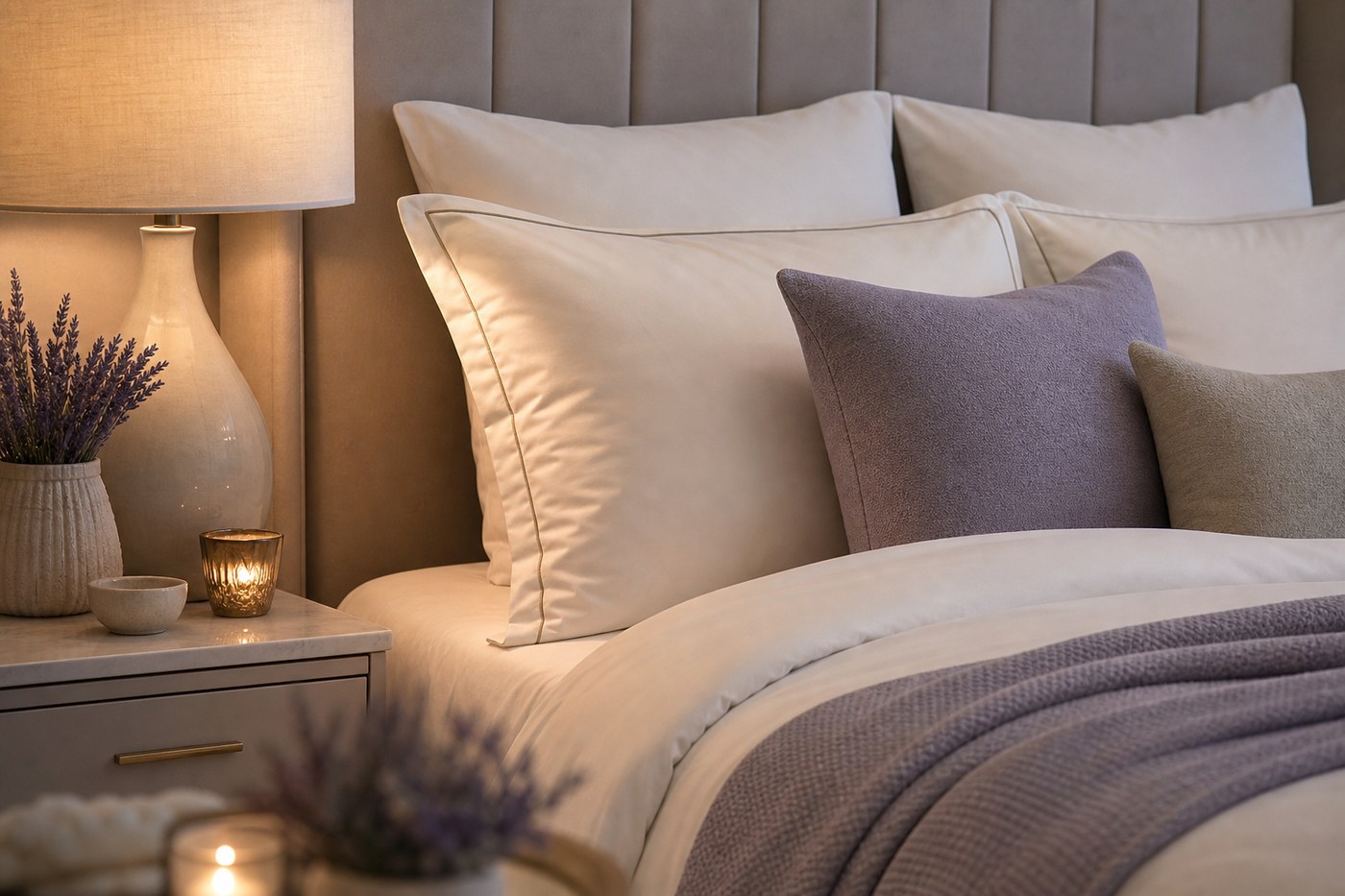 Cozy bedside with warm lamp and quality bedding