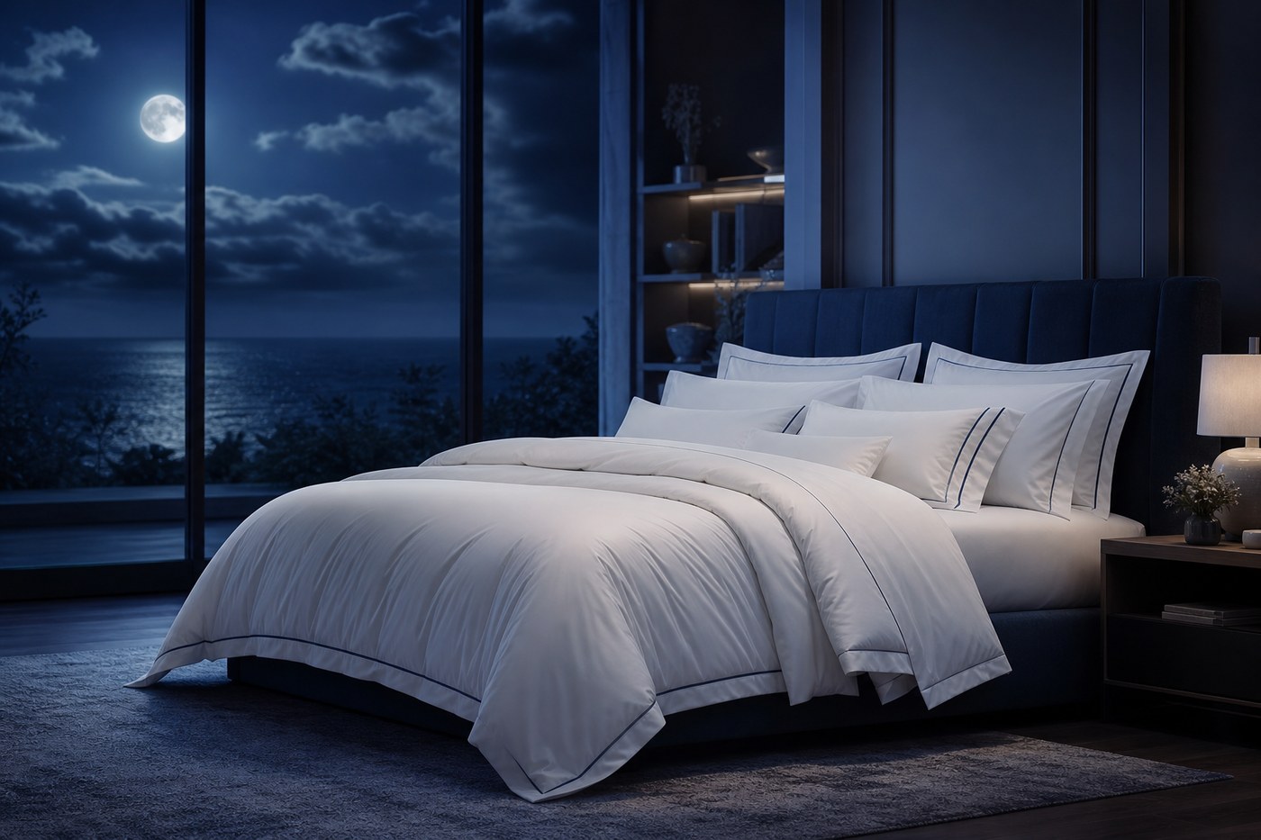Serene luxury bedroom with premium bedding at blue hour